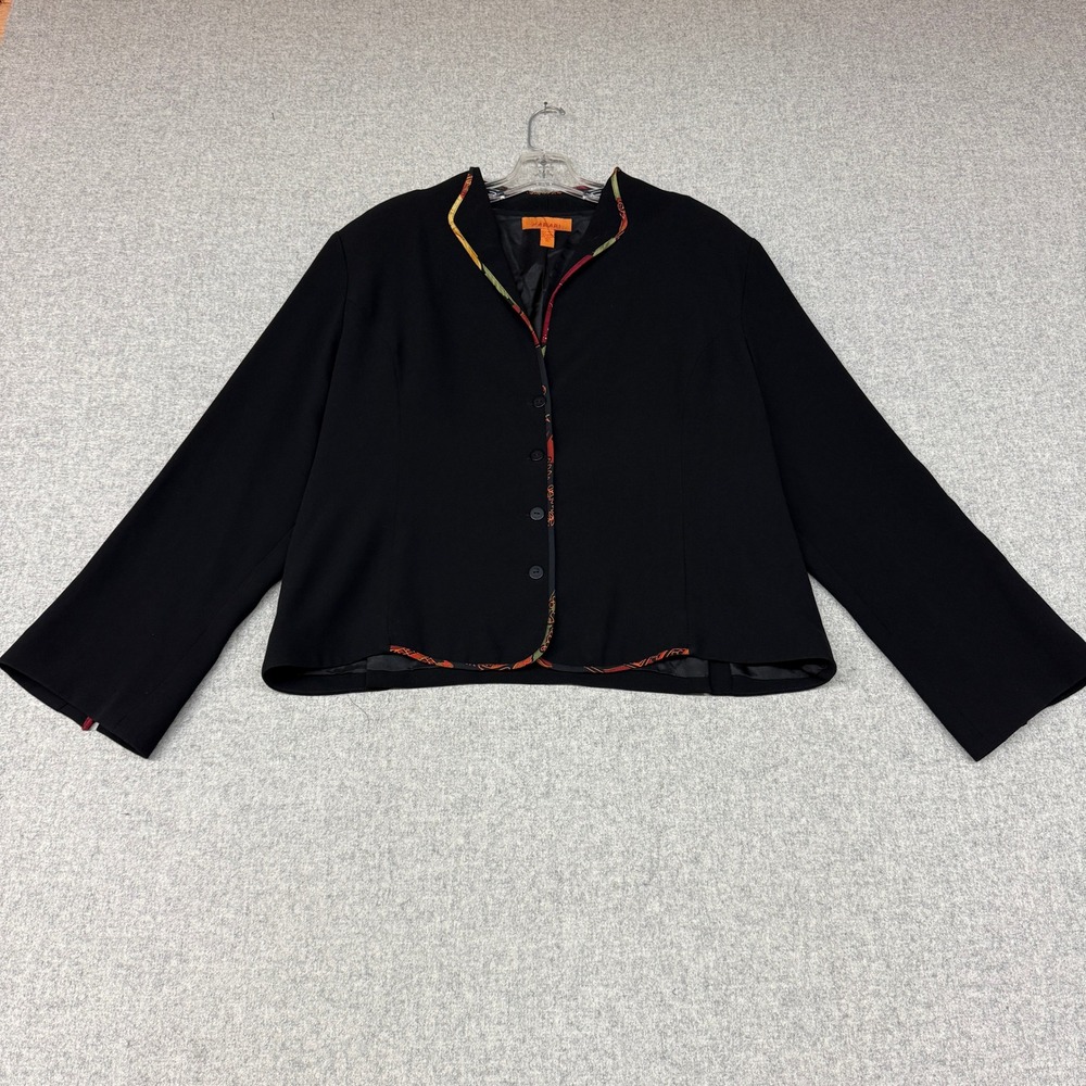 Harari Jacket XL Black Contrast Trim Button Front Stand Collar Slit Cuff Blazer